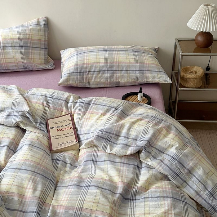 91家纺网 家纺一手货源 找家纺 水洗的故事 2025新款全棉色织水洗棉四件套 紫韵粉格