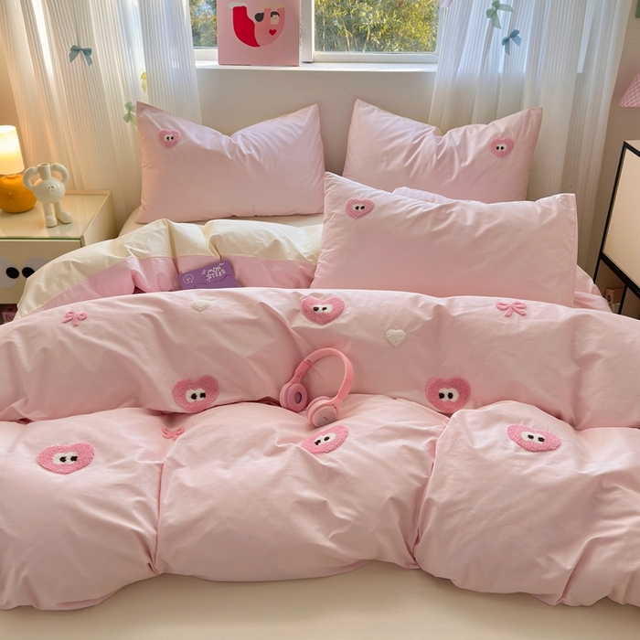 91家纺网 家纺一手货源 找家纺 锦觅2025新款奶油小清新毛巾绣全棉纯棉四件套（专版花型必须控价） 大眼爱心