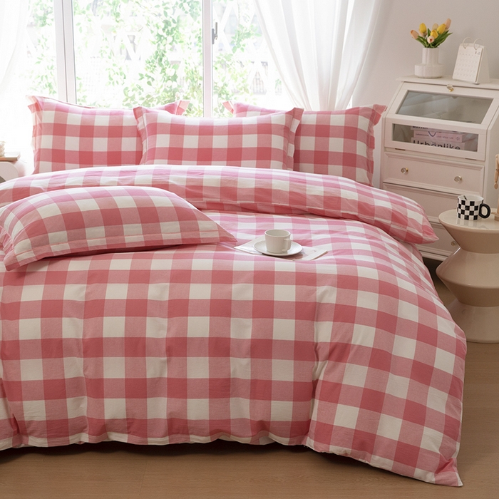 91家纺网 家纺一手货源 找家纺 木易家居 2025新款全棉色织水洗棉四件套 桃红中格