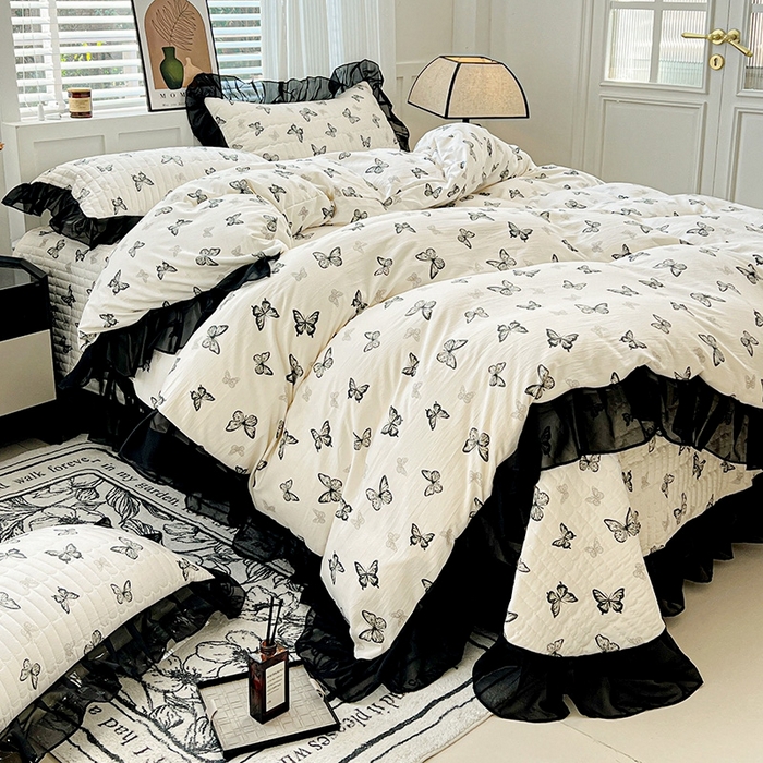 91家纺网 家纺一手货源 找家纺 （总）艾橙 2025新款法式赫本风水洗棉印花雪纺花边单被套