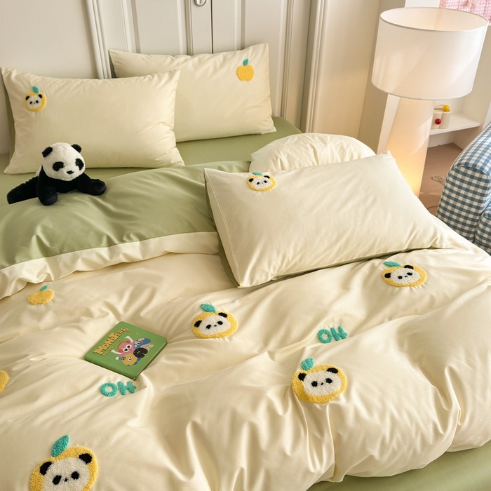 91家纺网 家纺一手货源 找家纺 锦觅2025新款奶油小清新毛巾绣全棉纯棉四件套（专版花型必须控价） 苹果熊猫