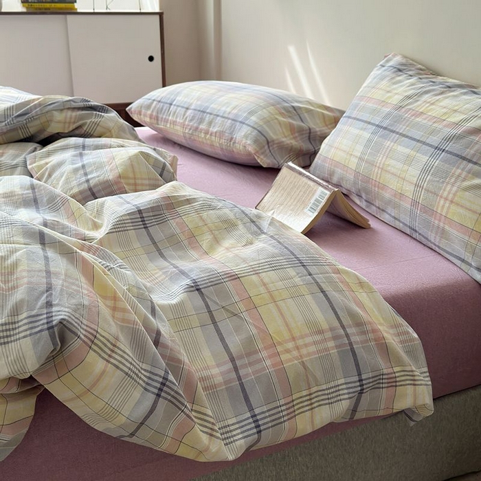 91家纺网 家纺一手货源 找家纺 水洗的故事 2025新款全棉色织水洗棉四件套 紫韵粉格