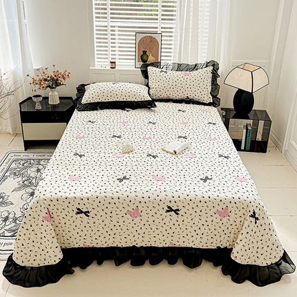 艾橙家纺2025新款法式赫本风水洗棉印花雪纺花边单床盖 朵蔓花馨