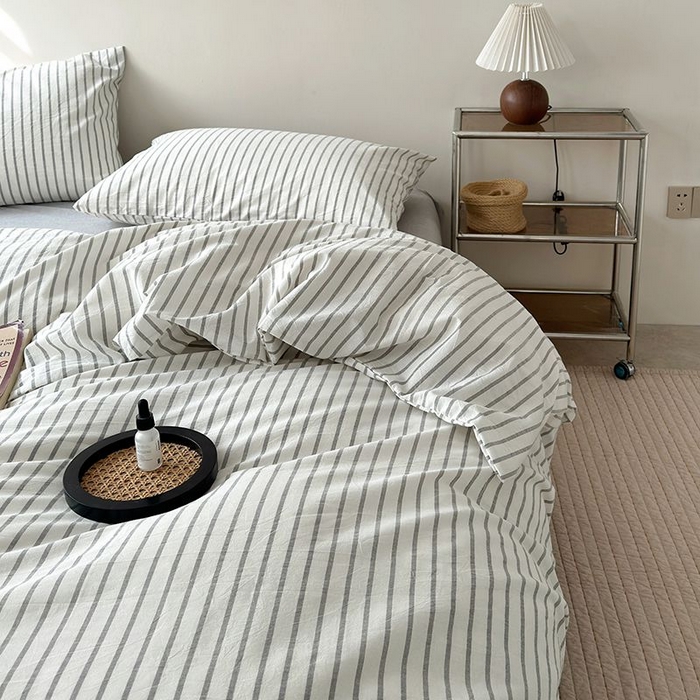 91家纺网 家纺一手货源 找家纺 水洗的故事 2025新款全棉色织水洗棉四件套 简序-灰