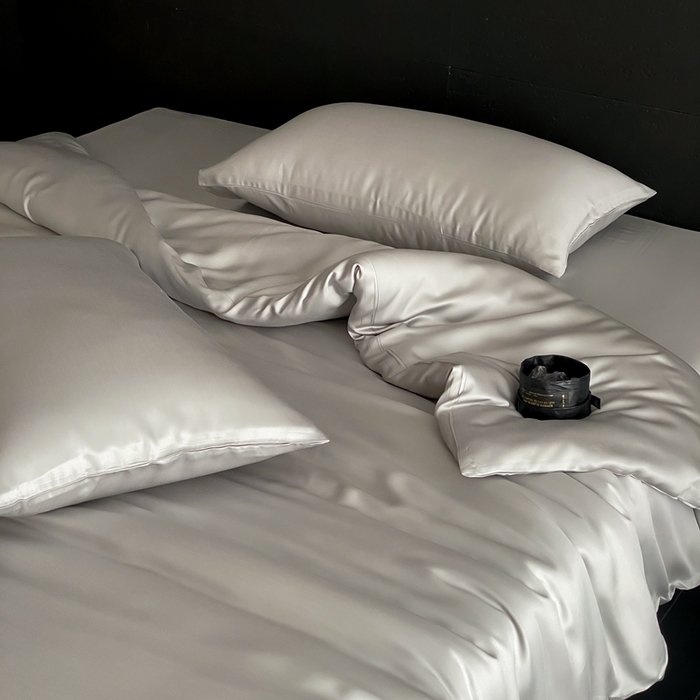 91家纺网 家纺一手货源 找家纺 禾时 2025新款60支兰精天丝轻奢纯色双拼四件套 云纱灰