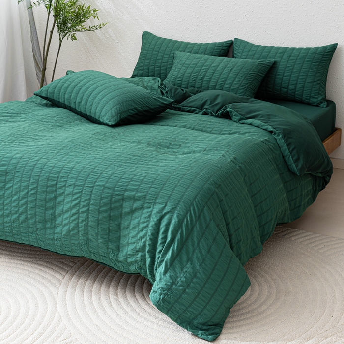 91家纺网 家纺一手货源 找家纺 恩和家纺 2025新款条纹立体泡泡纱亲肤棉四件套 墨绿