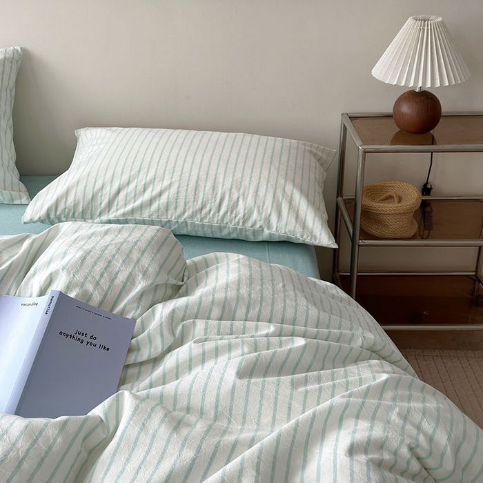 91家纺网 家纺一手货源 找家纺 水洗的故事 2025新款全棉色织水洗棉四件套 简序-蓝