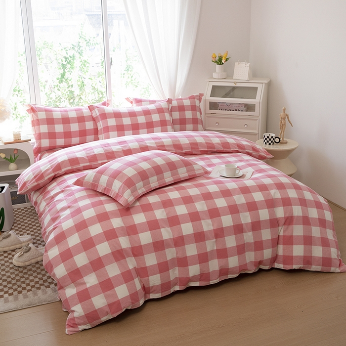 91家纺网 家纺一手货源 找家纺 木易家居 2025新款全棉色织水洗棉四件套 桃红中格