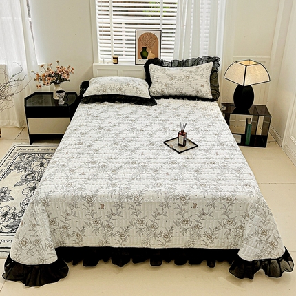 艾橙家纺2025新款法式赫本风水洗棉印花雪纺花边单床盖 素馨花恋