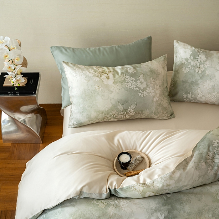 91家纺网 家纺一手货源 找家纺 咏绒家纺工厂店 2025新款60S奥地利兰精天丝数码印花暗合简约款系列四件套 知槿-绿