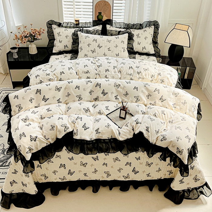 91家纺网 家纺一手货源 找家纺 （总）艾橙家纺2025新款法式赫本风水洗棉印花雪纺花边四件套