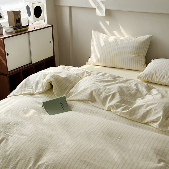 91家纺网 家纺一手货源 找家纺 水洗的故事 2025新款全棉色织水洗棉四件套 简序-米黄