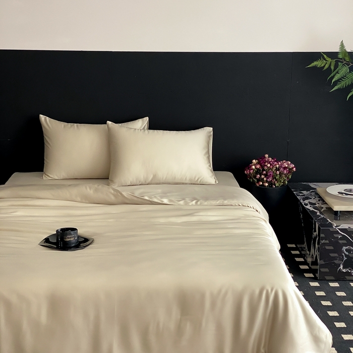 91家纺网 家纺一手货源 找家纺 禾时 2025新款60支兰精天丝轻奢纯色双拼四件套 烟轻绿