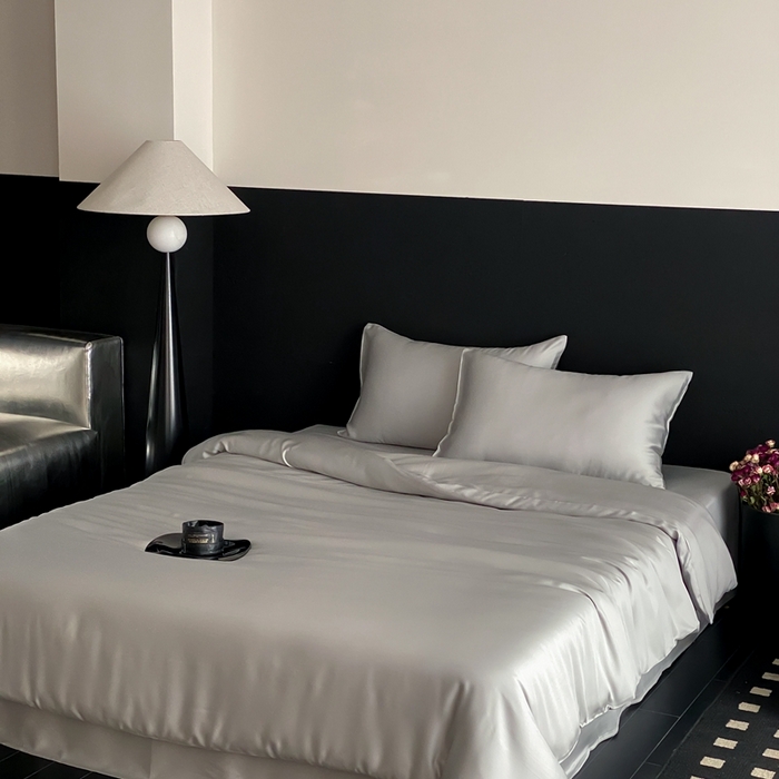 91家纺网 家纺一手货源 找家纺 禾时 2025新款60支兰精天丝轻奢纯色双拼四件套 云纱灰