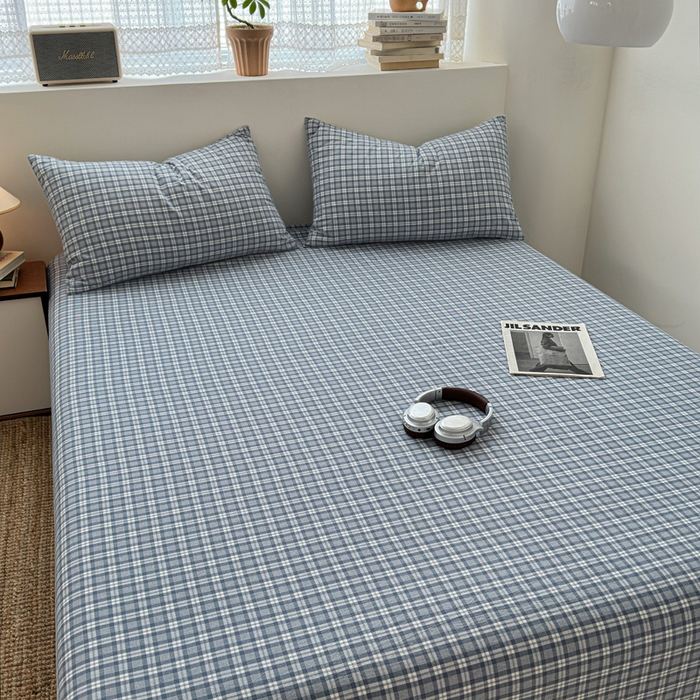 91家纺网 家纺一手货源 找家纺 2025新款水洗棉单床单 简约格蓝