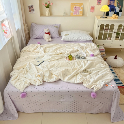 91家纺网 家纺一手货源 找家纺 （总）桃心家居 2025新款A类ins云柔水洗棉大豆织标蝴蝶结毛球少女单夏被夏被四件套系列