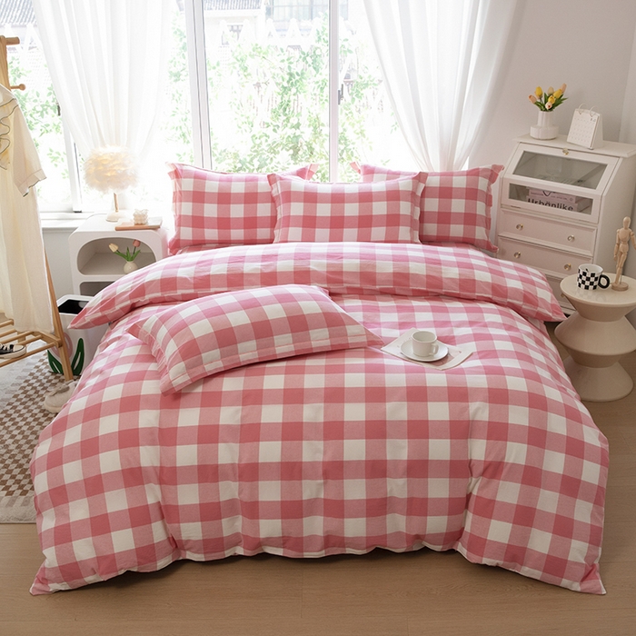 91家纺网 家纺一手货源 找家纺 木易家居 2025新款全棉色织水洗棉四件套 桃红中格