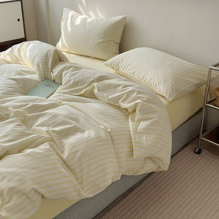 91家纺网 家纺一手货源 找家纺 水洗的故事 2025新款全棉色织水洗棉四件套 简序-米黄