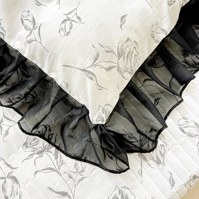 91家纺网 家纺一手货源 找家纺 艾橙 2025新款法式赫本风水洗棉印花雪纺花边单被套 水墨玫瑰