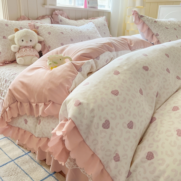 91家纺网 家纺一手货源 找家纺 雅眠居 2025新款直播针织棉双层纱夏被床盖四件套空调夏凉被单件三件套 爱心粉