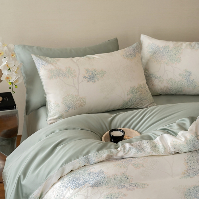 91家纺网 家纺一手货源 找家纺 咏绒家纺工厂店 2025新款60S奥地利兰精天丝数码印花暗合简约款系列四件套 如愿-绿