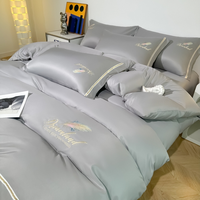 91家纺网 家纺一手货源 找家纺 （总）2025新款水洗冰丝刺绣四件套羽毛系列轻奢时尚北欧风床上用品学生宿舍三四件套