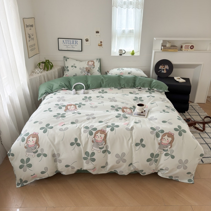 91家纺网 家纺一手货源 找家纺 可可家纺 2025新款印花卡通芦荟棉四件套亲肤床单被套三件套 花园女孩