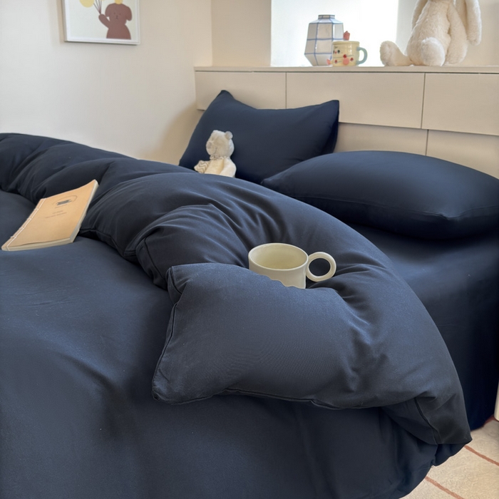 91家纺网 家纺一手货源 找家纺 可可家纺 2025新款ins风纯色磨毛简约水洗棉四件套亲肤床单被套三件套 纯藏青
