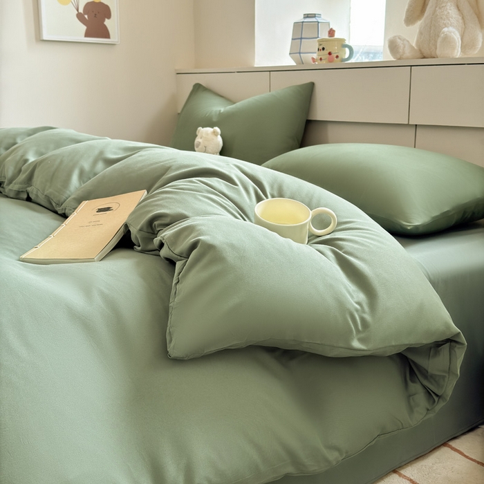 91家纺网 家纺一手货源 找家纺 可可家纺 2025新款ins风纯色磨毛简约水洗棉四件套亲肤床单被套三件套 纯草绿