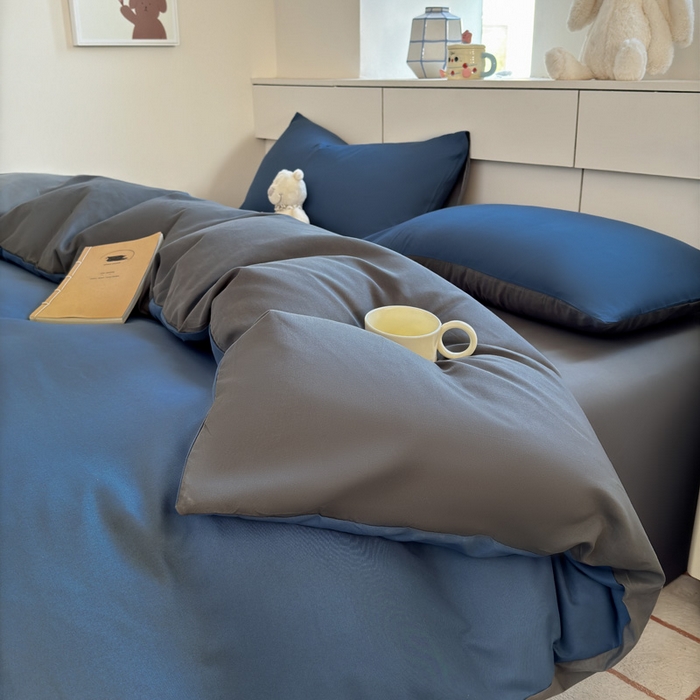 91家纺网 家纺一手货源 找家纺 可可家纺 2025新款ins风纯色磨毛简约水洗棉四件套亲肤床单被套三件套 诱惑蓝灰