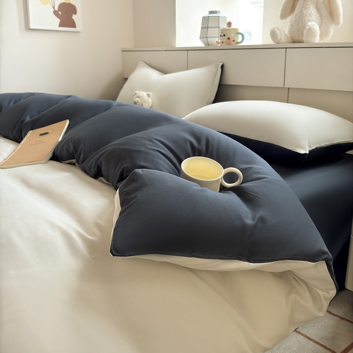 可可家纺 2025新款ins风纯色磨毛简约水洗棉四件套亲肤床单被套三件套 白蓝灰