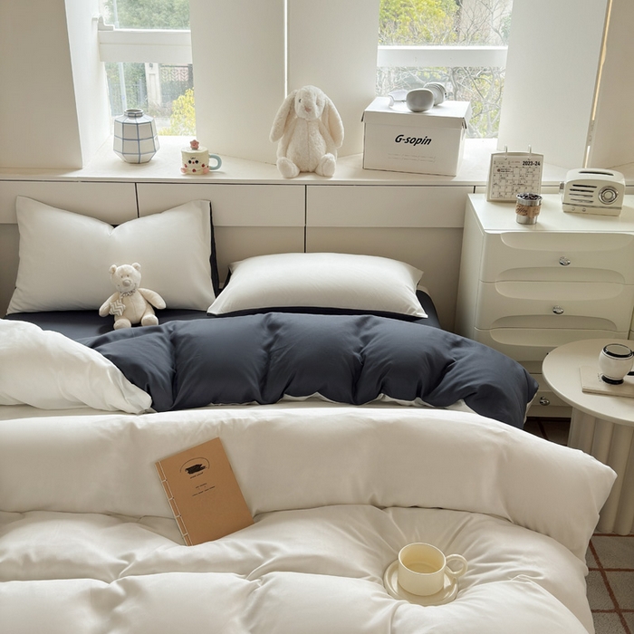 91家纺网 家纺一手货源 找家纺 可可家纺 2025新款ins风纯色磨毛简约水洗棉四件套亲肤床单被套三件套 白蓝灰