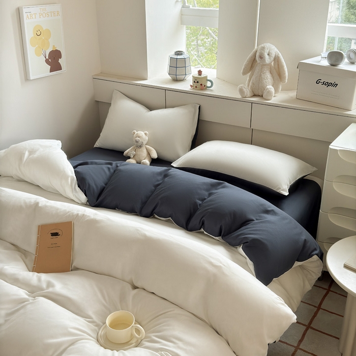 91家纺网 家纺一手货源 找家纺 可可家纺 2025新款ins风纯色磨毛简约水洗棉四件套亲肤床单被套三件套 白蓝灰