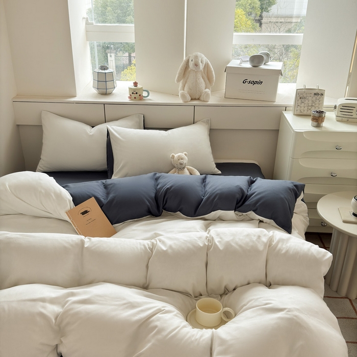 91家纺网 家纺一手货源 找家纺 可可家纺 2025新款ins风纯色磨毛简约水洗棉四件套亲肤床单被套三件套 白蓝灰