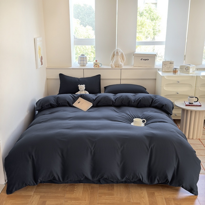 91家纺网 家纺一手货源 找家纺 可可家纺 2025新款ins风纯色磨毛简约水洗棉四件套亲肤床单被套三件套 纯藏青