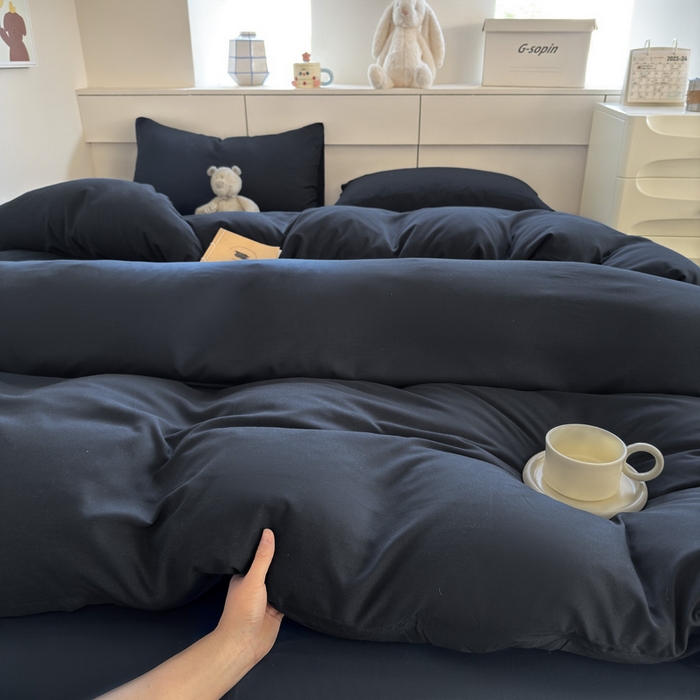 91家纺网 家纺一手货源 找家纺 可可家纺 2025新款ins风纯色磨毛简约水洗棉四件套亲肤床单被套三件套 纯藏青