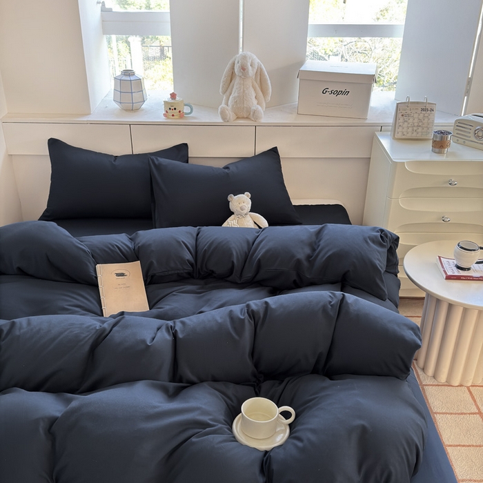91家纺网 家纺一手货源 找家纺 可可家纺 2025新款ins风纯色磨毛简约水洗棉四件套亲肤床单被套三件套 纯藏青