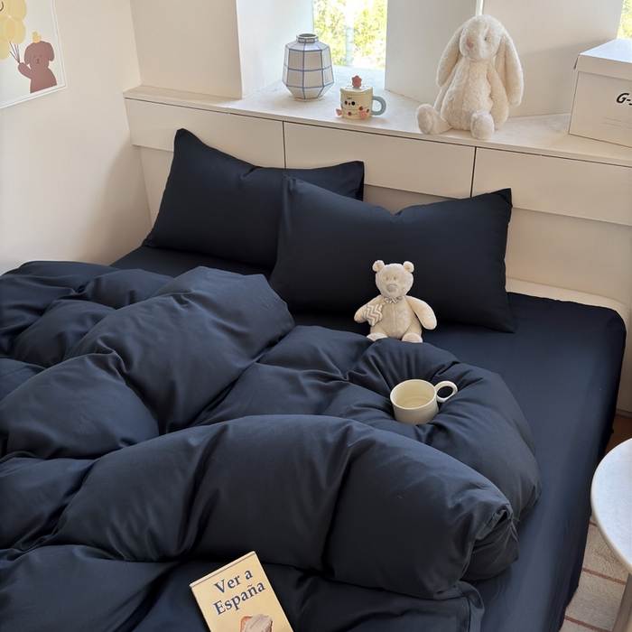 91家纺网 家纺一手货源 找家纺 可可家纺 2025新款ins风纯色磨毛简约水洗棉四件套亲肤床单被套三件套 纯藏青