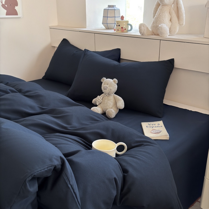 91家纺网 家纺一手货源 找家纺 可可家纺 2025新款ins风纯色磨毛简约水洗棉四件套亲肤床单被套三件套 纯藏青