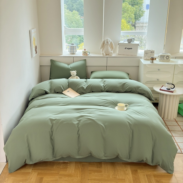 91家纺网 家纺一手货源 找家纺 可可家纺 2025新款ins风纯色磨毛简约水洗棉四件套亲肤床单被套三件套 纯草绿