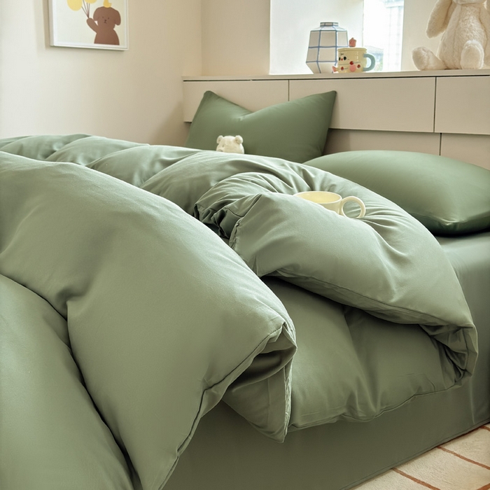 91家纺网 家纺一手货源 找家纺 可可家纺 2025新款ins风纯色磨毛简约水洗棉四件套亲肤床单被套三件套 纯草绿