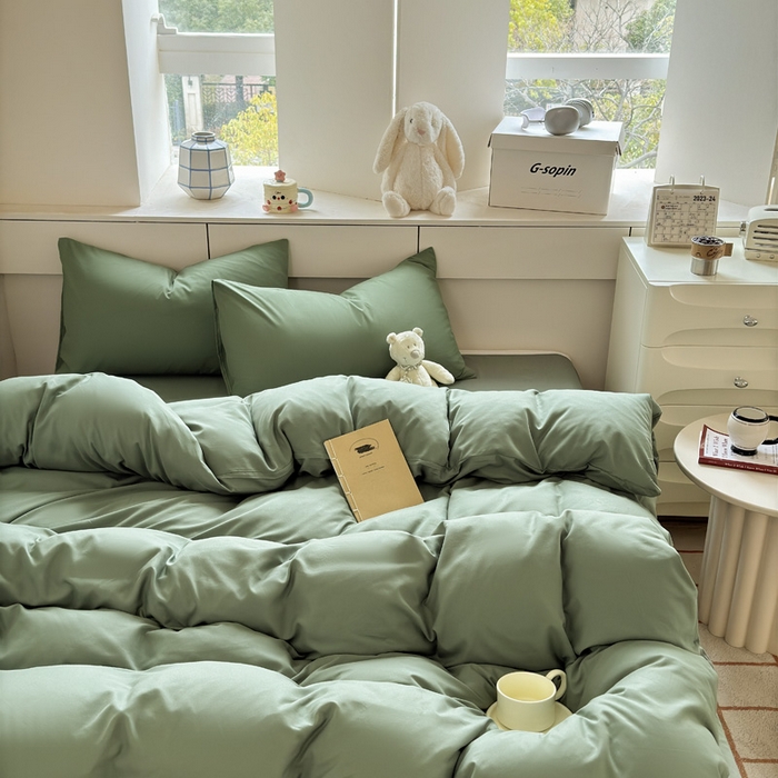91家纺网 家纺一手货源 找家纺 可可家纺 2025新款ins风纯色磨毛简约水洗棉四件套亲肤床单被套三件套 纯草绿
