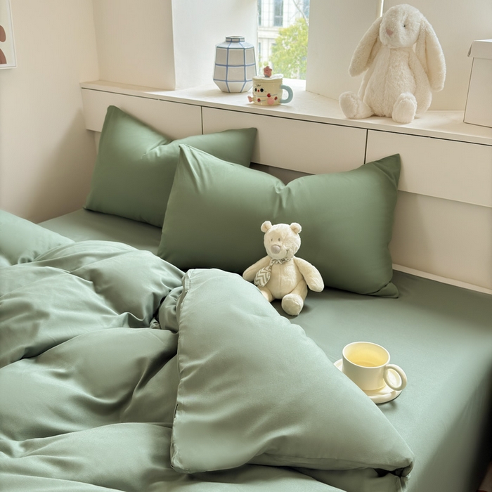 91家纺网 家纺一手货源 找家纺 可可家纺 2025新款ins风纯色磨毛简约水洗棉四件套亲肤床单被套三件套 纯草绿