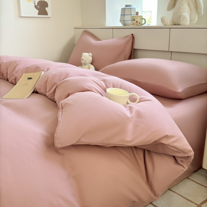 可可家纺 2025新款ins风纯色磨毛简约水洗棉四件套亲肤床单被套三件套 纯豆沙