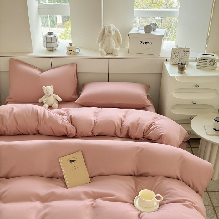 91家纺网 家纺一手货源 找家纺 可可家纺 2025新款ins风纯色磨毛简约水洗棉四件套亲肤床单被套三件套 纯豆沙