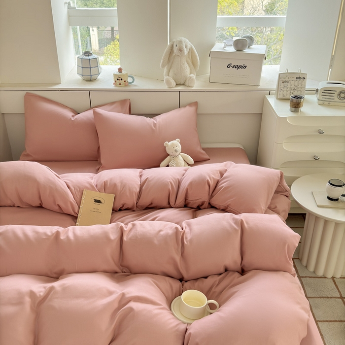 91家纺网 家纺一手货源 找家纺 可可家纺 2025新款ins风纯色磨毛简约水洗棉四件套亲肤床单被套三件套 纯豆沙