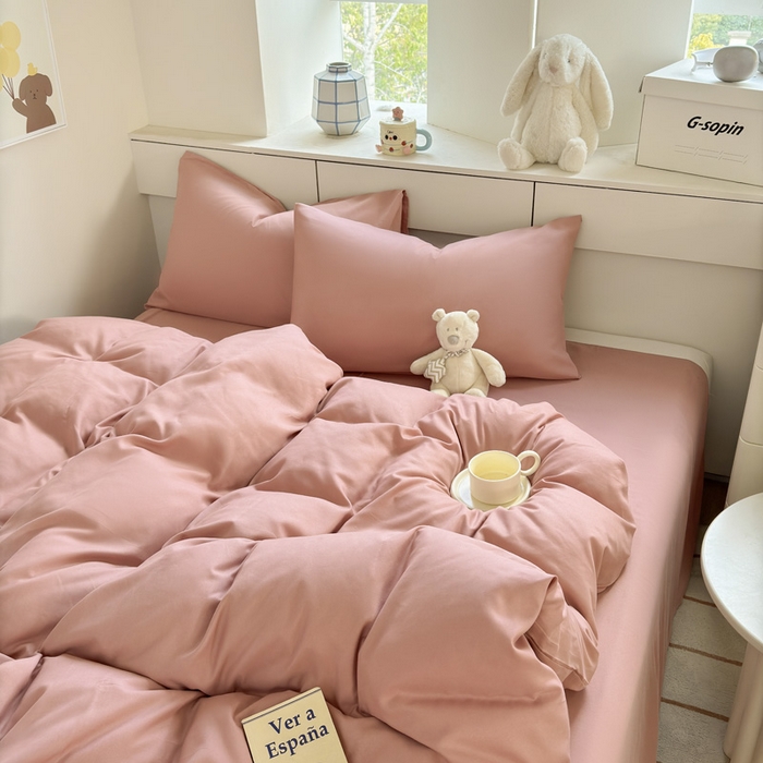 91家纺网 家纺一手货源 找家纺 可可家纺 2025新款ins风纯色磨毛简约水洗棉四件套亲肤床单被套三件套 纯豆沙