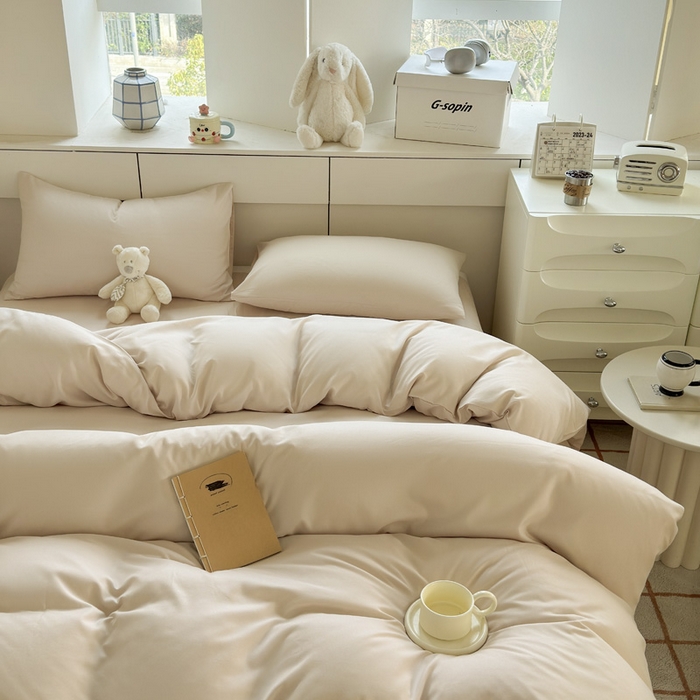 91家纺网 家纺一手货源 找家纺 可可家纺 2025新款ins风纯色磨毛简约水洗棉四件套亲肤床单被套三件套 纯浅驼