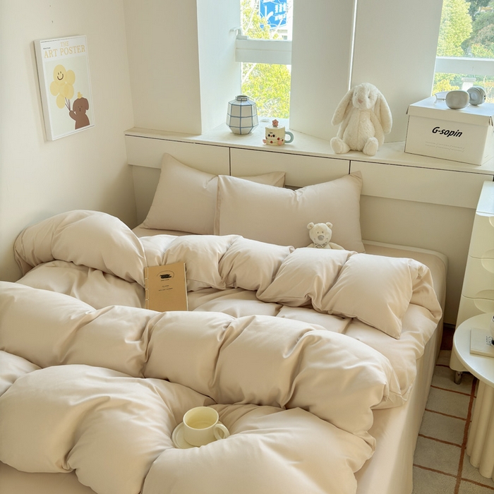 91家纺网 家纺一手货源 找家纺 可可家纺 2025新款ins风纯色磨毛简约水洗棉四件套亲肤床单被套三件套 纯浅驼