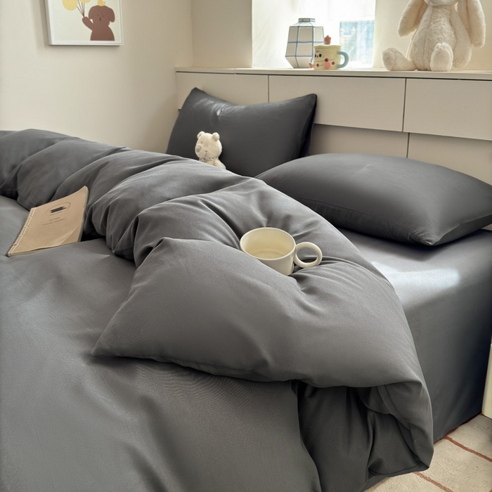 可可家纺 2025新款ins风纯色磨毛简约水洗棉四件套亲肤床单被套三件套 纯深灰